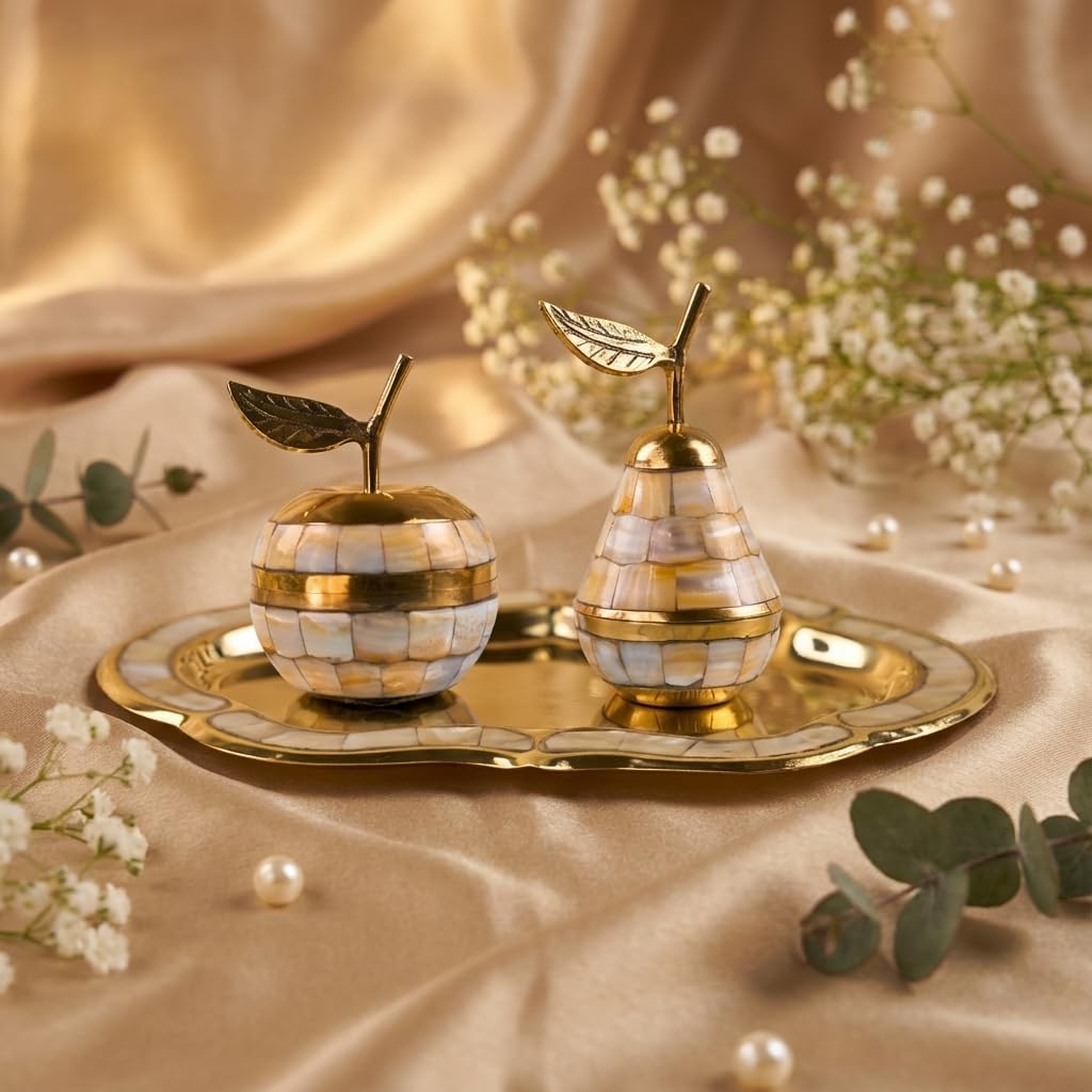 brass mother of pearl apple pear trinket set with tray for gifting, jewellery & keepsake storage brass mother of pearl apple pear trinket set with tray for gifting, jewellery & keepsake storage