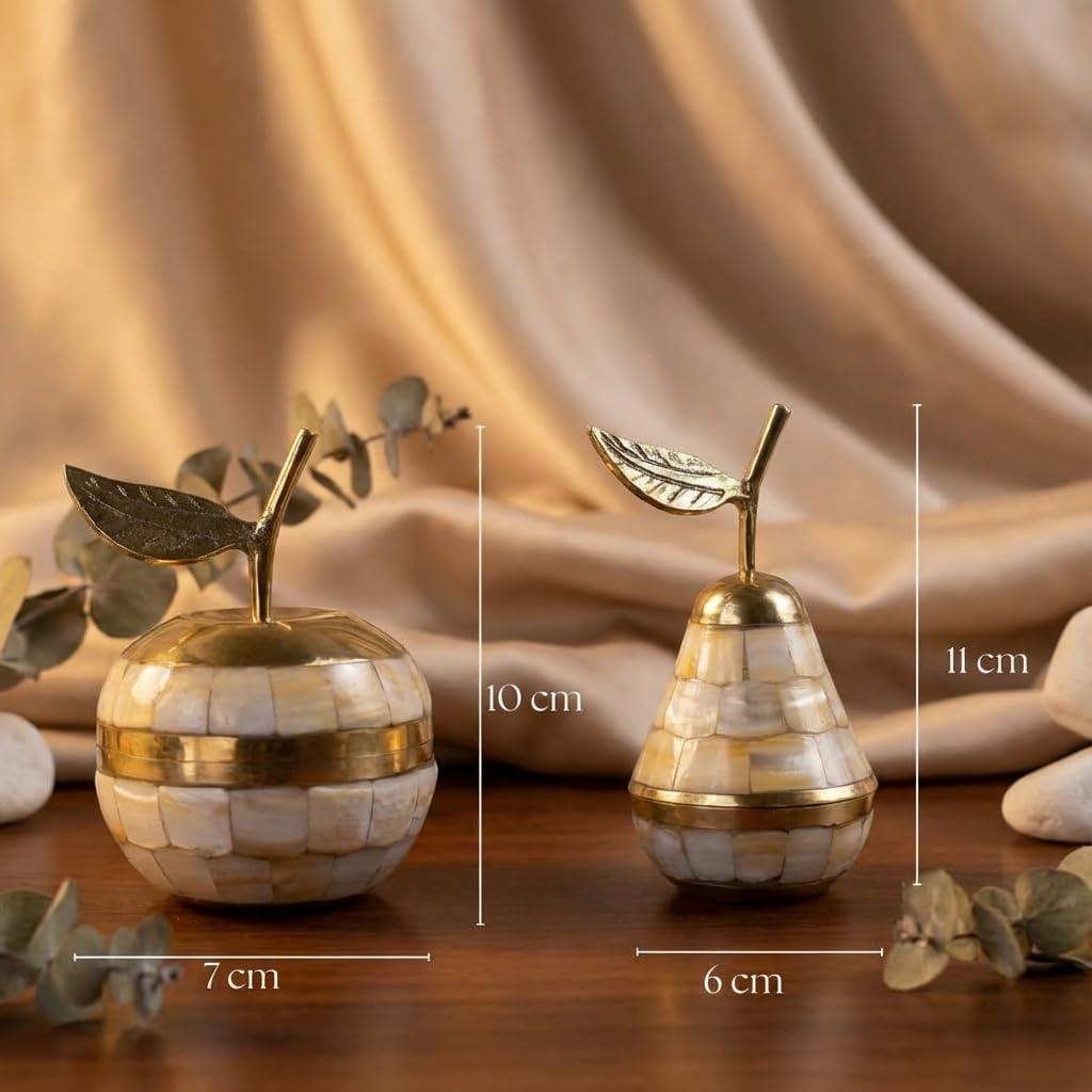 brass mother of pearl apple pear trinket set with tray for gifting, jewellery & keepsake storage brass mother of pearl apple pear trinket set with tray for gifting, jewellery & keepsake storage