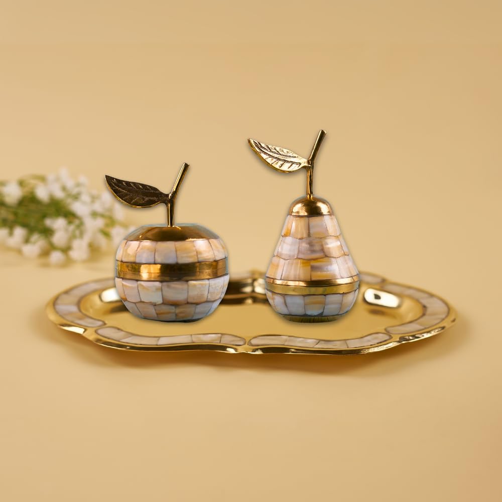 brass mother of pearl apple pear trinket set with tray for gifting, jewellery & keepsake storage brass mother of pearl apple pear trinket set with tray for gifting, jewellery & keepsake storage