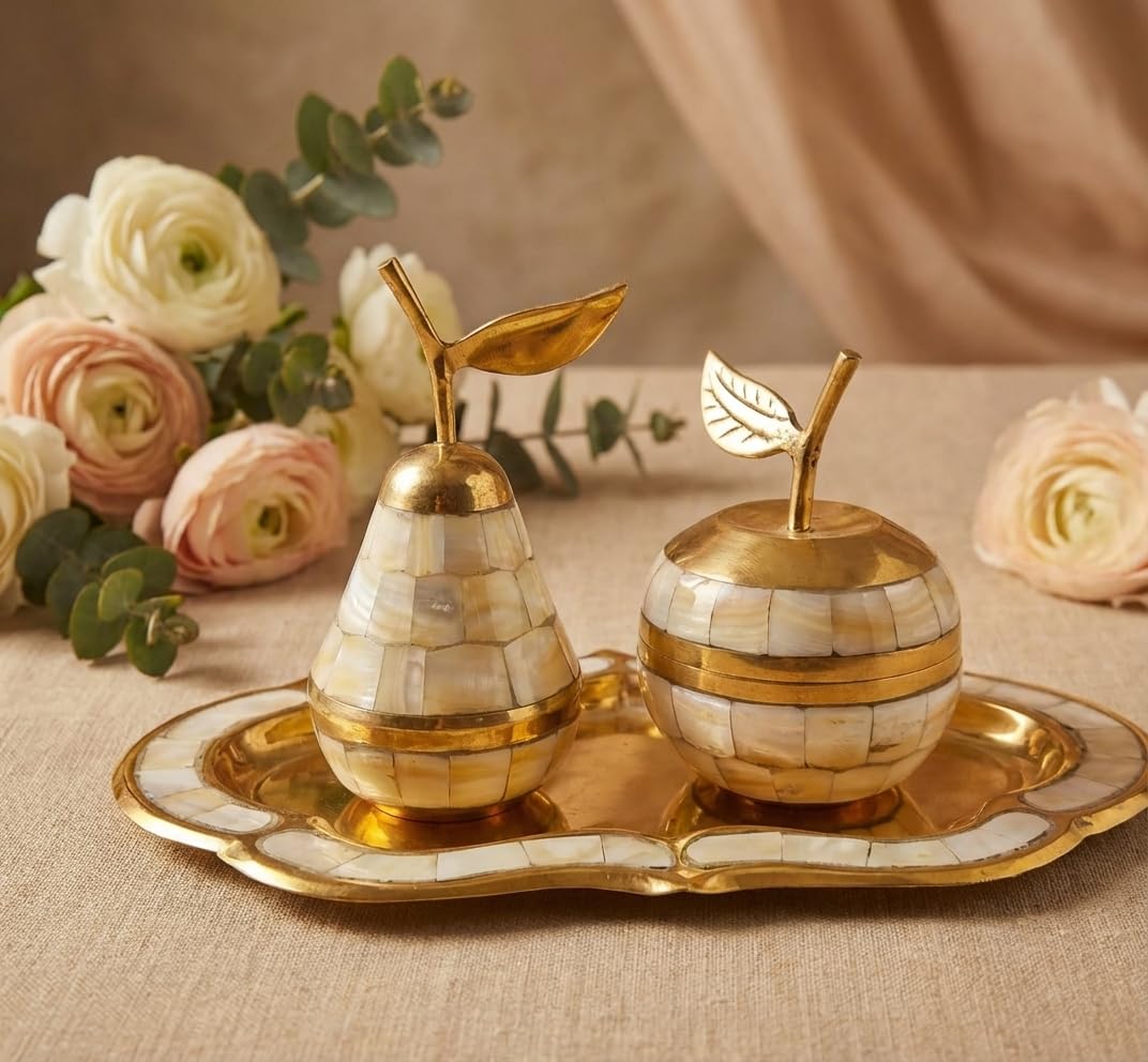 brass mother of pearl apple pear trinket set with tray for gifting, jewellery & keepsake storage brass mother of pearl apple pear trinket set with tray for gifting, jewellery & keepsake storage