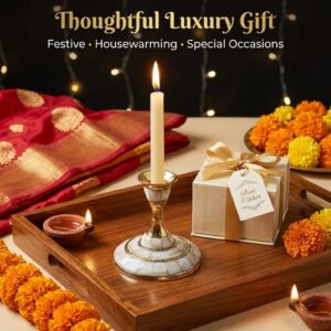 single brass & mother of pearl candle holder for taper candles – decorative candlestick for home, bedroom, living room decor, table centerpieces (petals short) 6 x 6 cm pack of 1