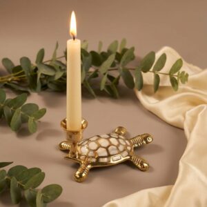 single brass & mother of pearl candle holder for taper candles – decorative candlestick for home, bedroom, living room decor, table centerpieces (turtle)