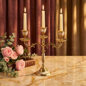 Home single brass & mother of pearl candle holder – decorative candlestick for home, bedroom, living room decor, table centerpieces (candelabra 2)